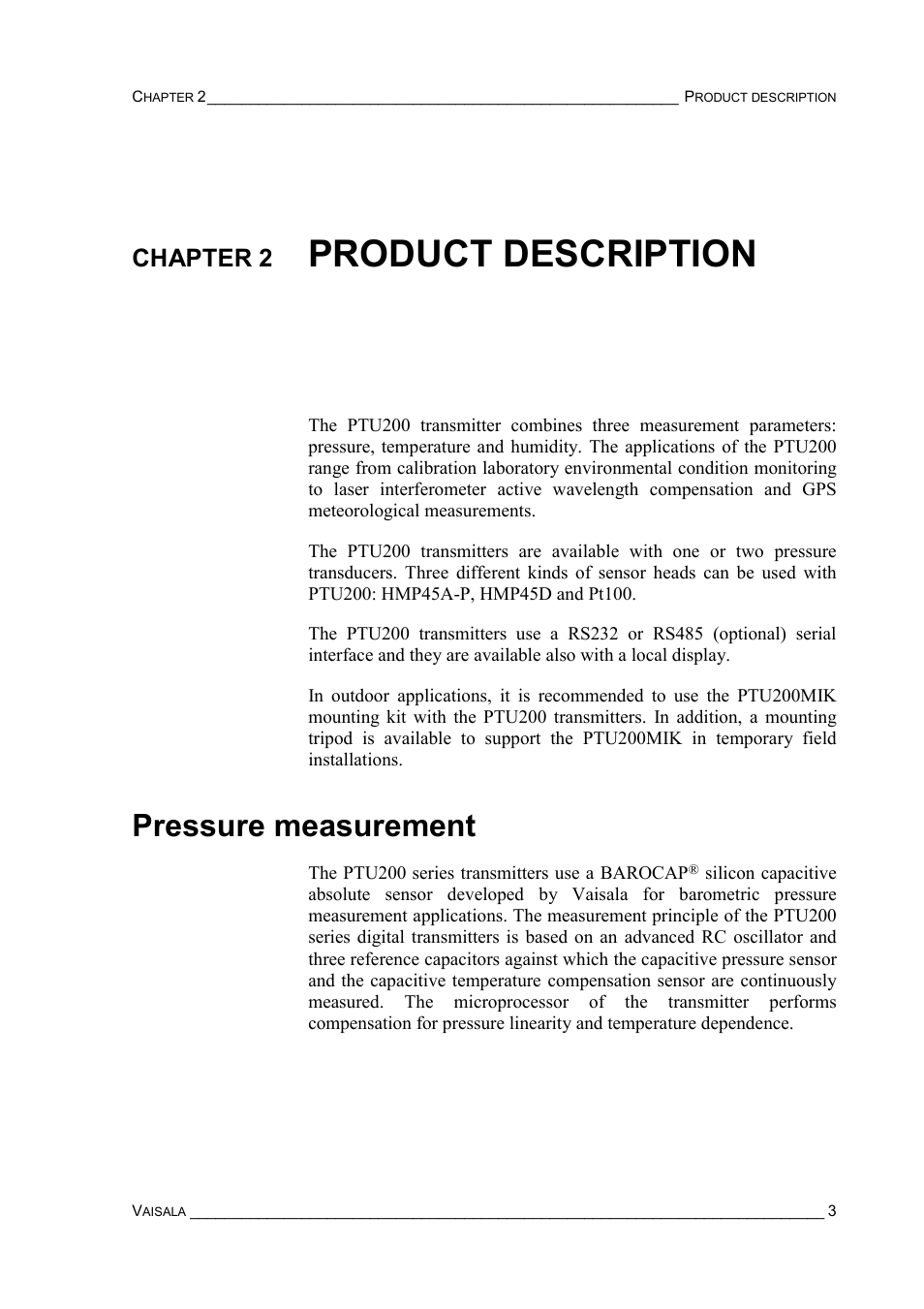 Chapter 2 product description, Pressure measurement, Chapter 2 | Product description pressure measurement, Product description | Vaisala PTU200 User Manual | Page 7 / 64