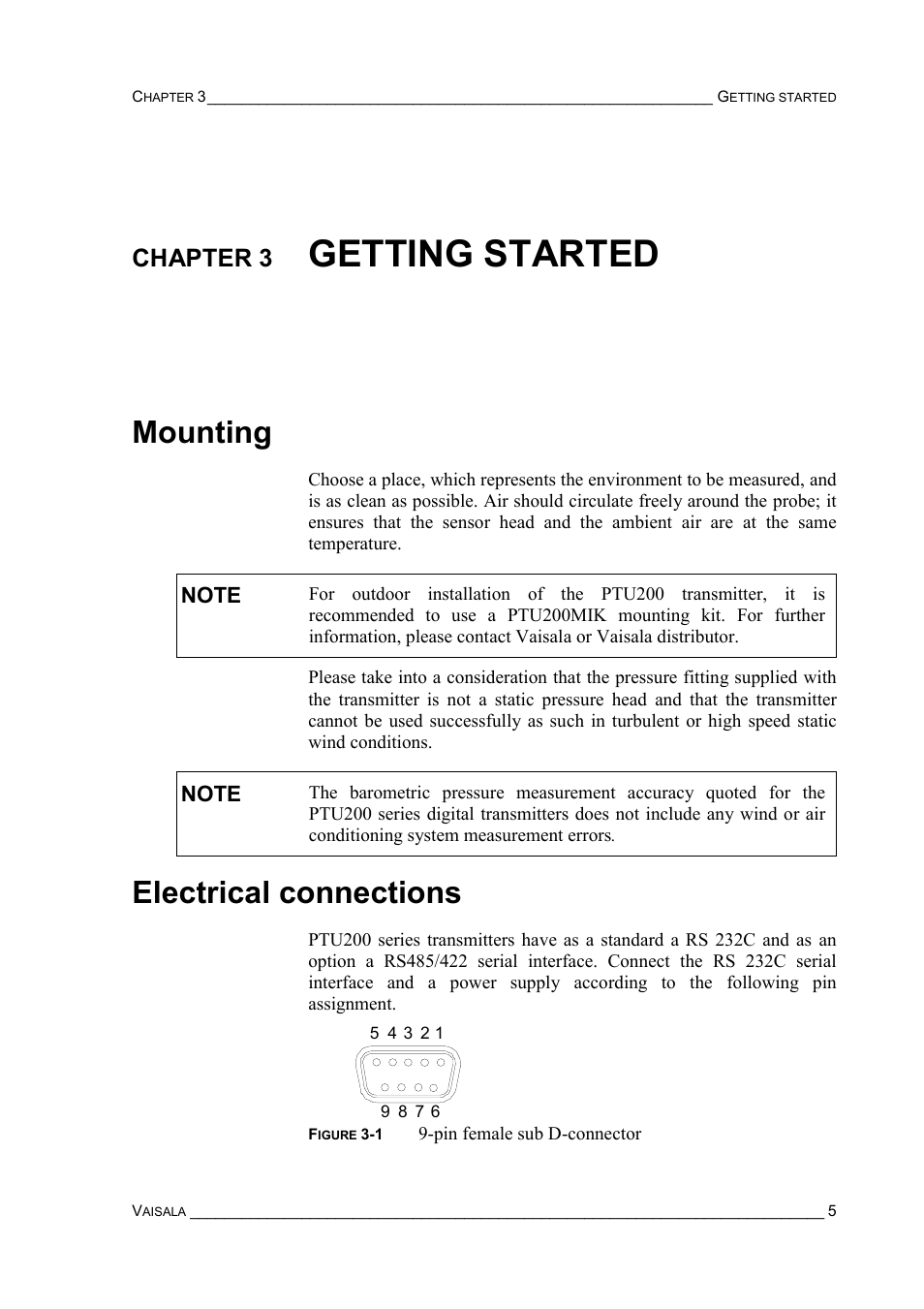Chapter 3 getting started, Mounting, Electrical connections | Chapter 3, Getting started mounting electrical connections, Getting started | Vaisala PTU200 User Manual | Page 9 / 64