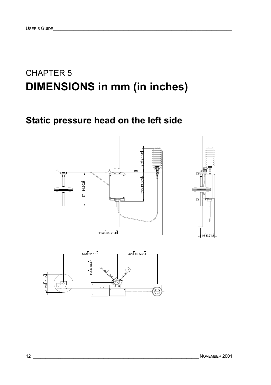 Chapter 5, Dimensions in mm (in inches), Static pressure head on the left side | Vaisala PTU200MIK1 User Manual | Page 14 / 18