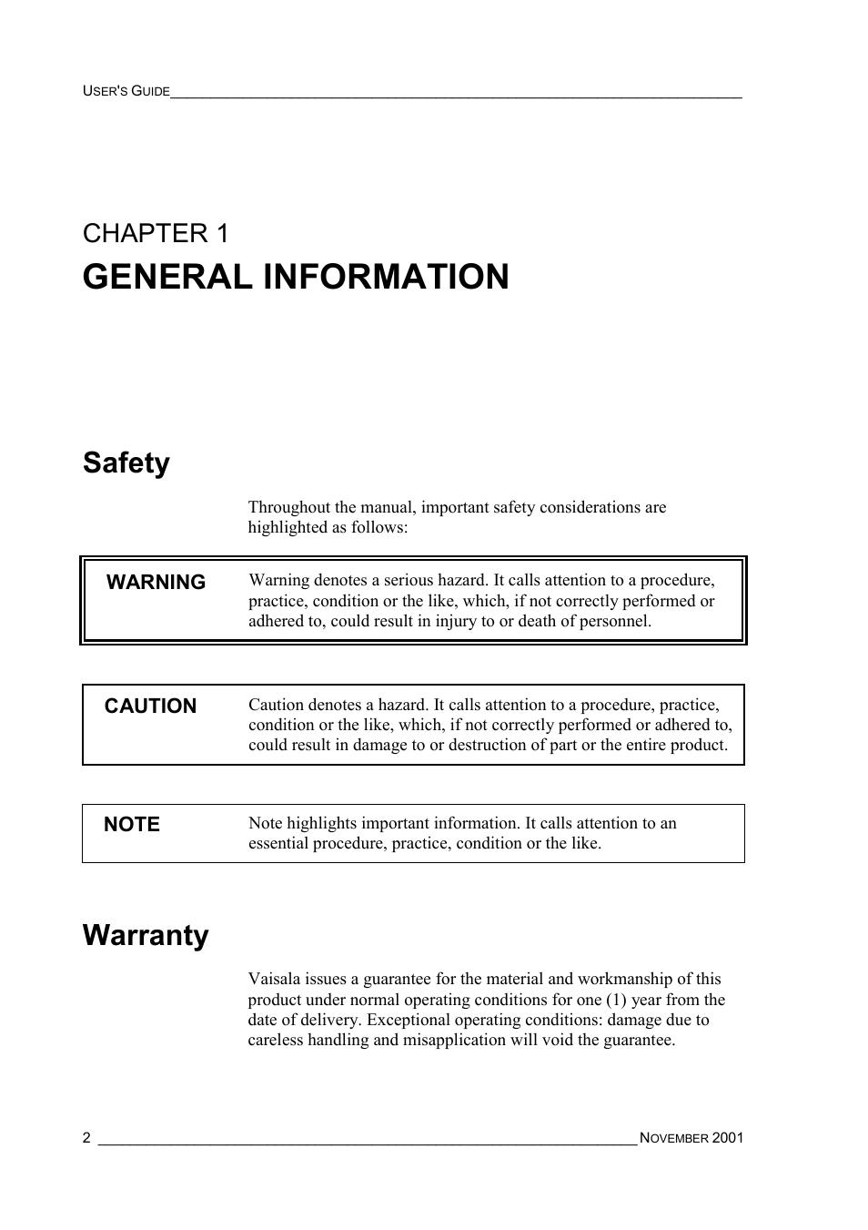 Chapter 1, General information, Safety | Warranty, Safety warranty | Vaisala PTU200MIK1 User Manual | Page 4 / 18