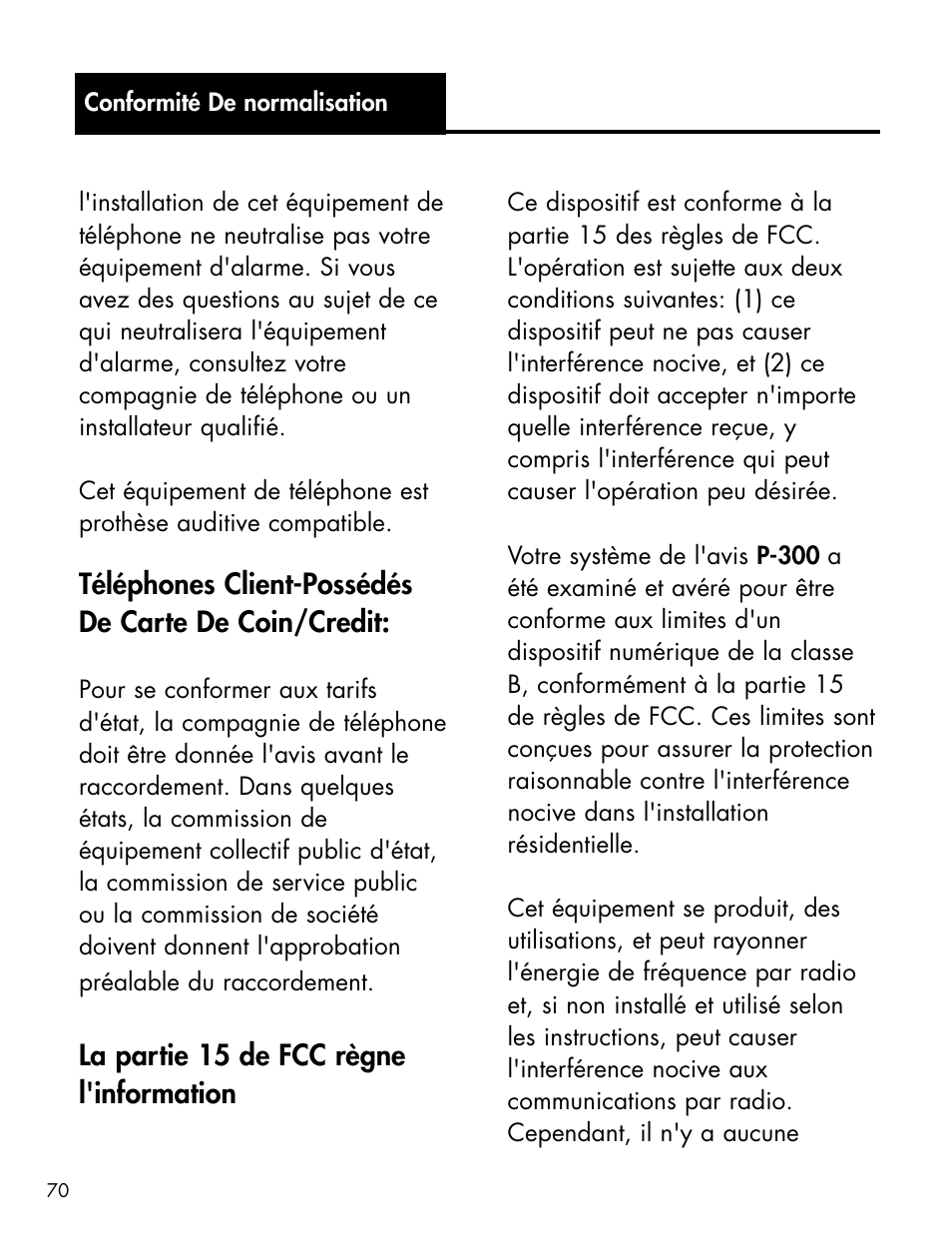 Téléphones client-possédés de carte de coin/credit, La partie 15 de fcc règne l'information | Ameriphone P-300 User Manual | Page 73 / 80