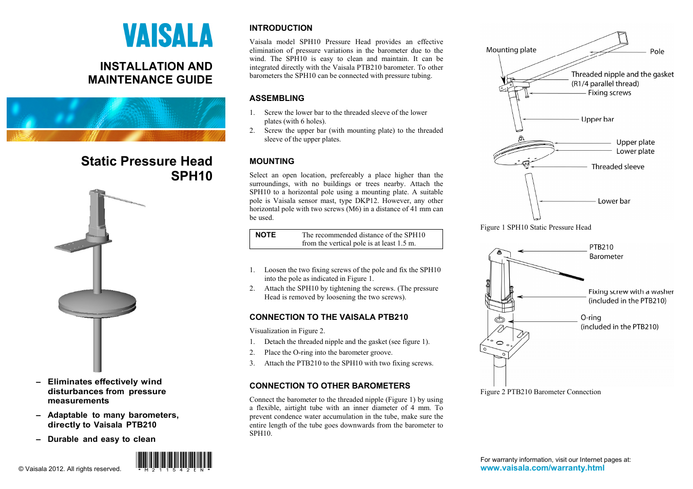 Vaisala SPH10 User Manual | 2 pages