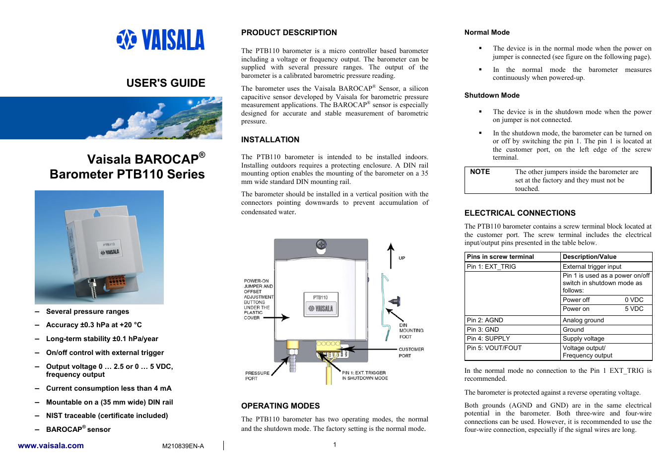 Vaisala PTB110 User Manual | 4 pages