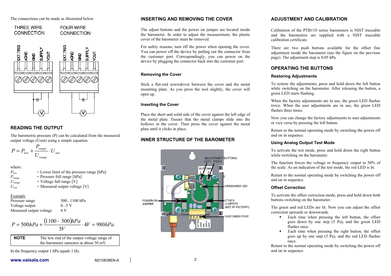 Vaisala PTB110 User Manual | Page 2 / 4