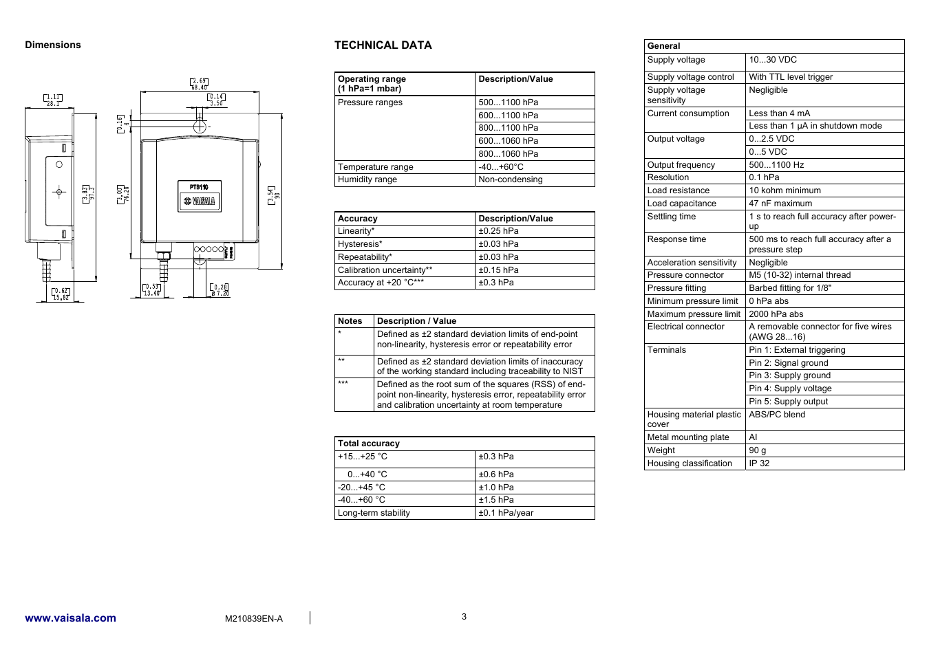 Vaisala PTB110 User Manual | Page 3 / 4