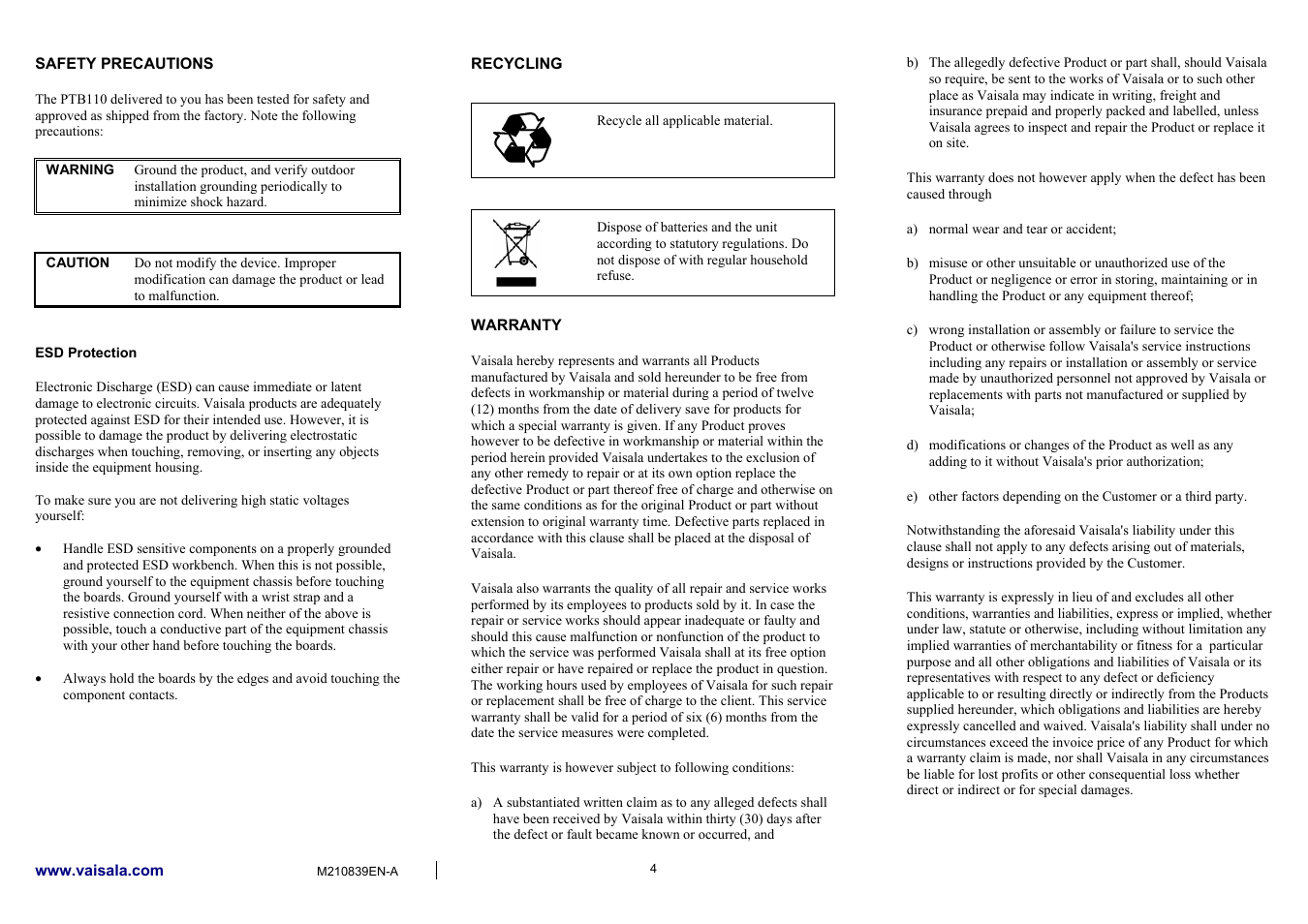 Vaisala PTB110 User Manual | Page 4 / 4