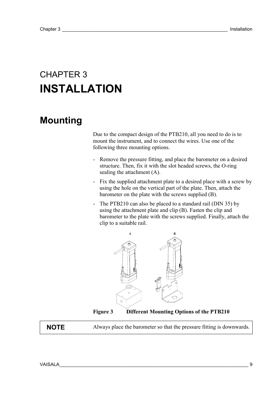 Installation, Mounting, Chapter 3 | Vaisala PTB210 (analog) User Manual | Page 11 / 27