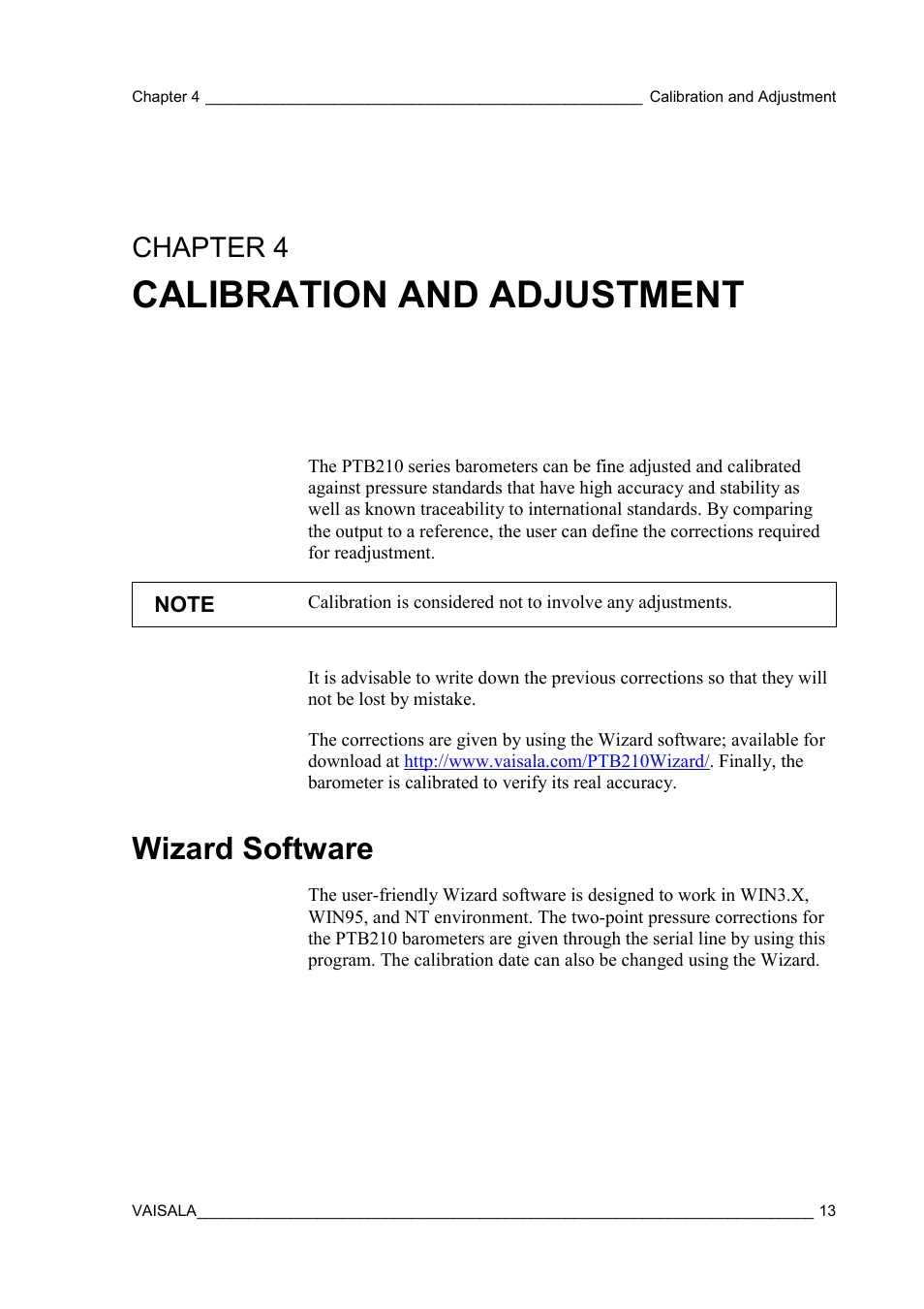 Calibration and adjustment, Wizard software, Chapter 4 | Vaisala PTB210 (analog) User Manual | Page 15 / 27