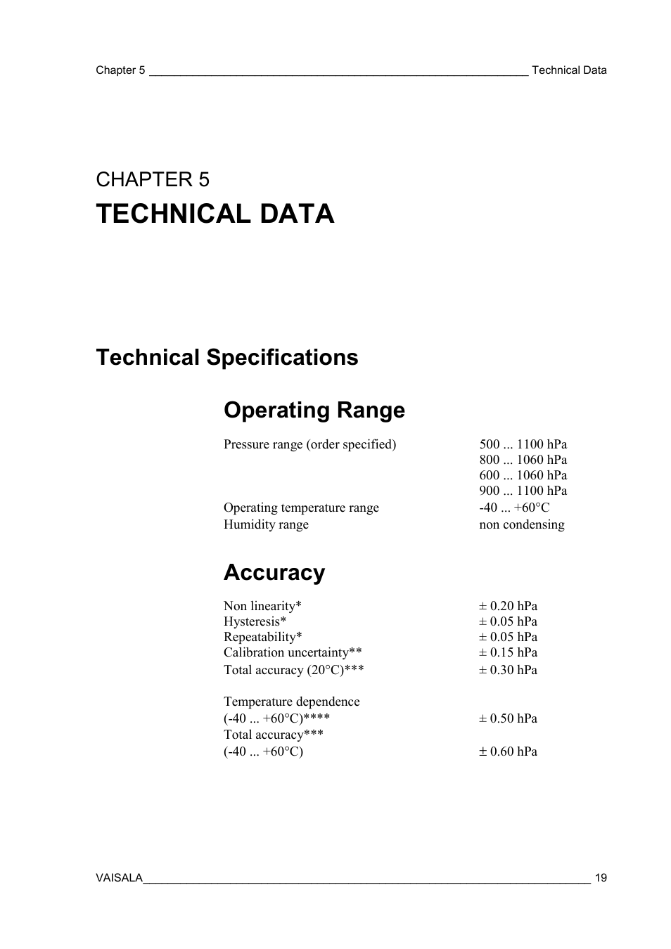 Technical data, Technical specifications, Operating range | Accuracy, Technical specifications operating range, Chapter 5 | Vaisala PTB210 (analog) User Manual | Page 21 / 27