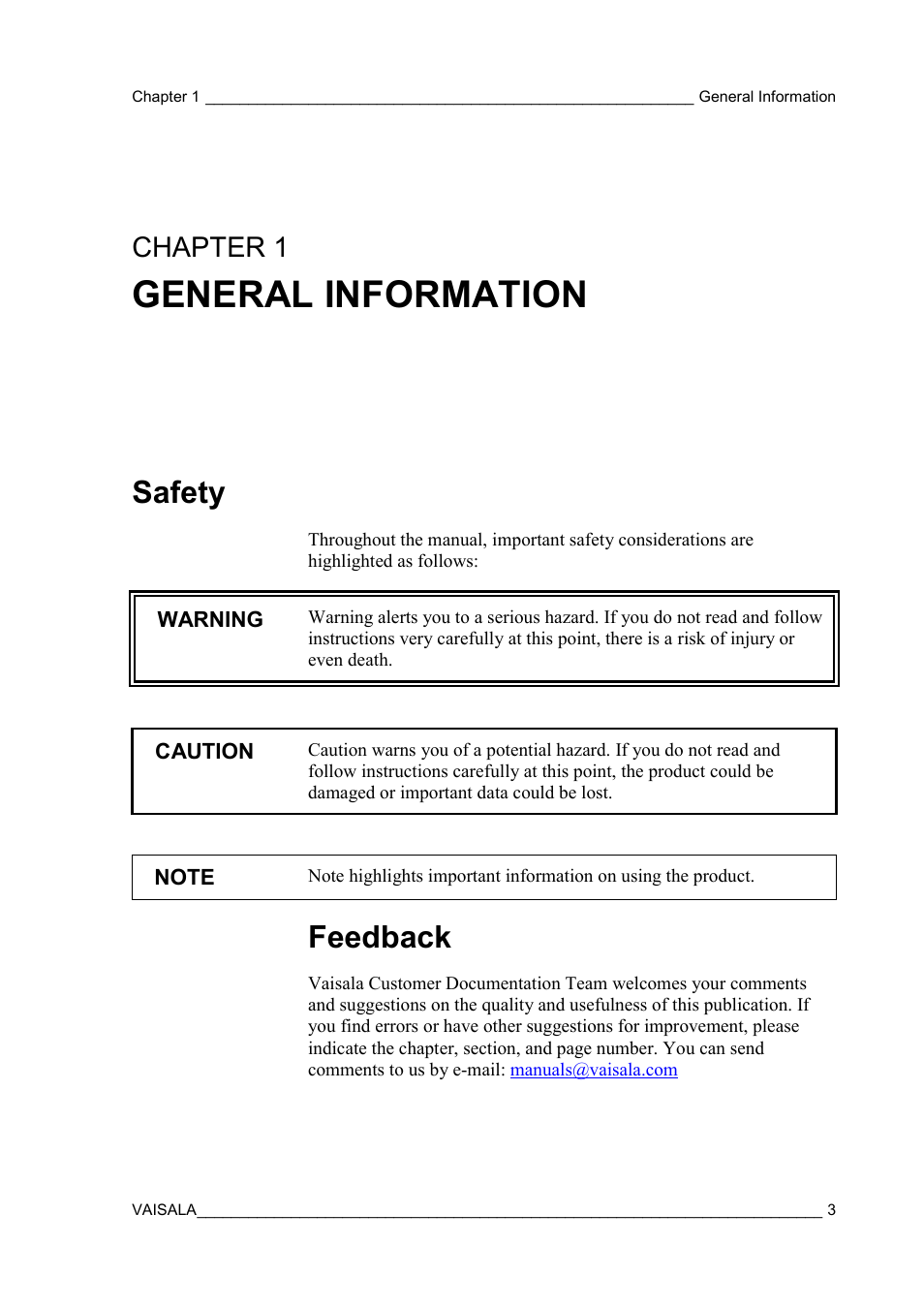 General information, Safety, Feedback | Chapter 1 | Vaisala PTB210 (analog) User Manual | Page 5 / 27