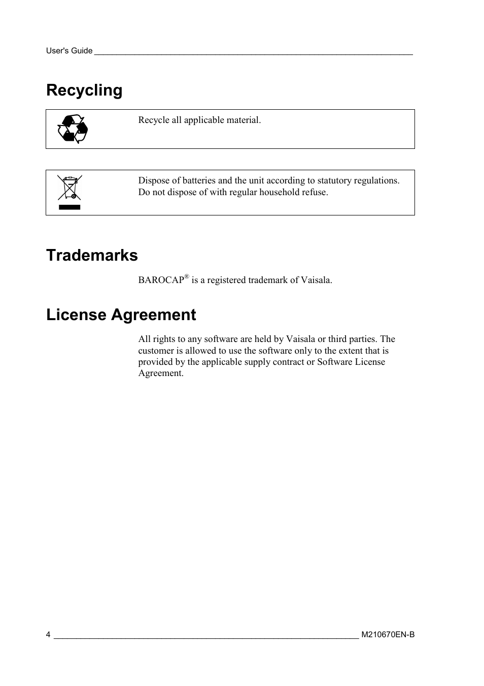 Recycling, Trademarks, License agreement | Vaisala PTB210 (analog) User Manual | Page 6 / 27