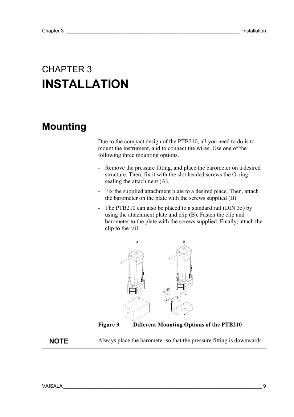 Chapter 3, Installation, Mounting | Vaisala PTB210 (serial) User Manual | Page 11 / 32