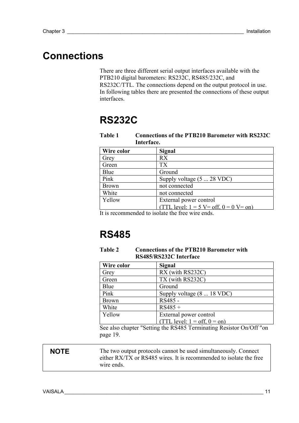 Connections, Rs232c, Rs485 | Vaisala PTB210 (serial) User Manual | Page 13 / 32