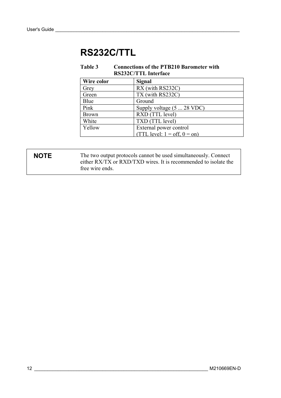 Rs232c/ttl | Vaisala PTB210 (serial) User Manual | Page 14 / 32
