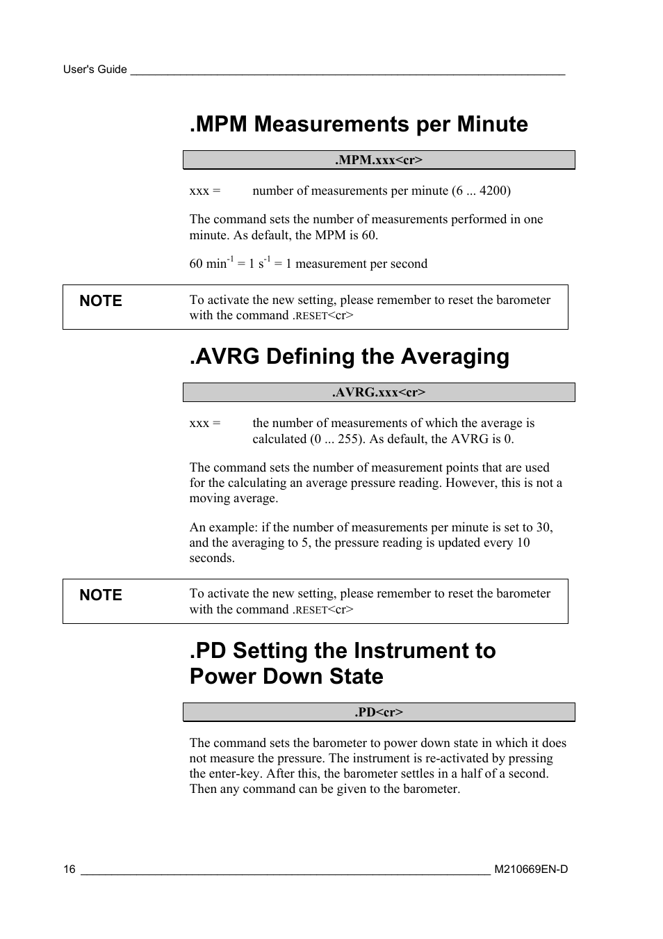 Mpm measurements per minute, Avrg defining the averaging, Pd setting the instrument to power down state | Vaisala PTB210 (serial) User Manual | Page 18 / 32