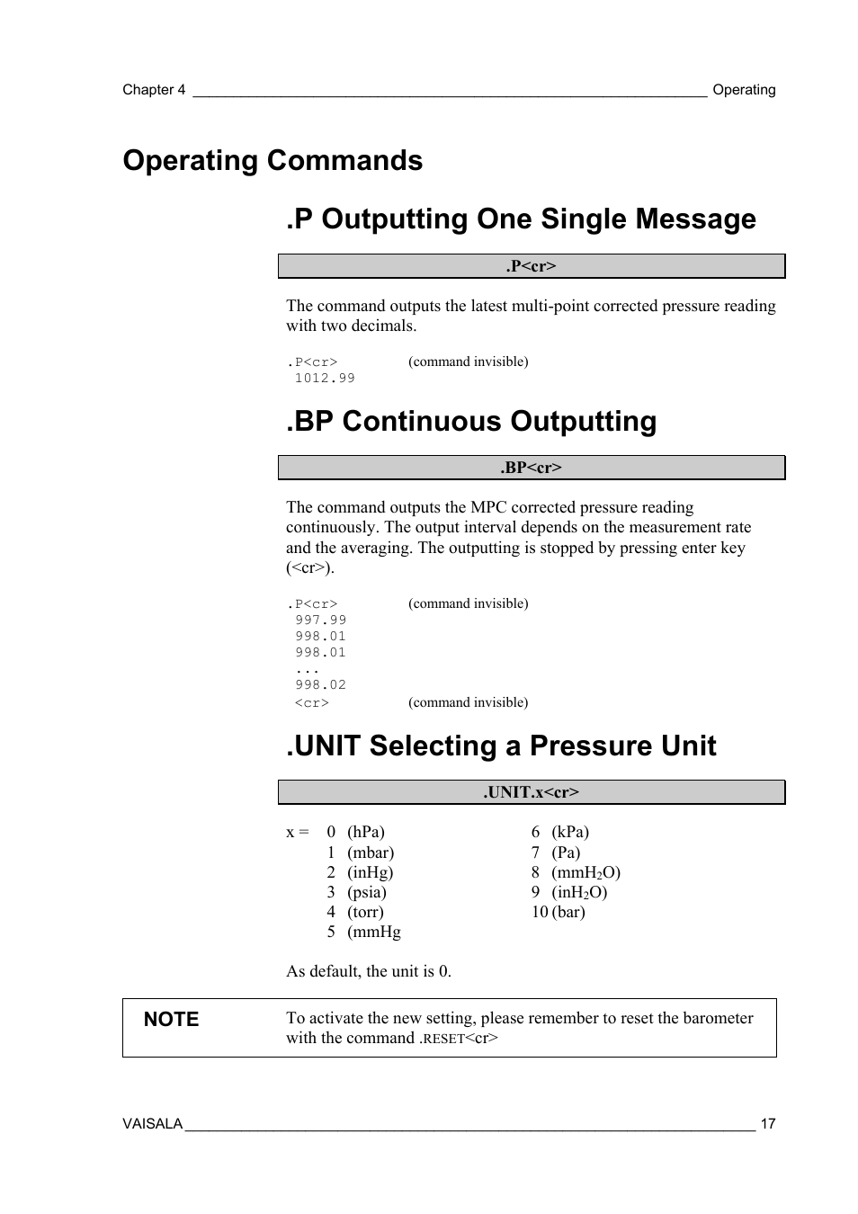 Operating commands, P outputting one single message, Bp continuous outputting | Unit selecting a pressure unit | Vaisala PTB210 (serial) User Manual | Page 19 / 32