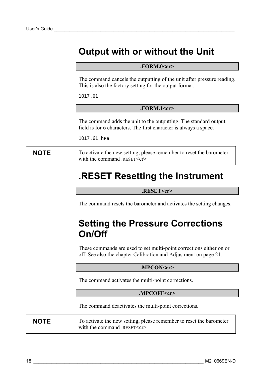 Output with or without the unit, Reset resetting the instrument, Setting the pressure corrections on/off | Vaisala PTB210 (serial) User Manual | Page 20 / 32