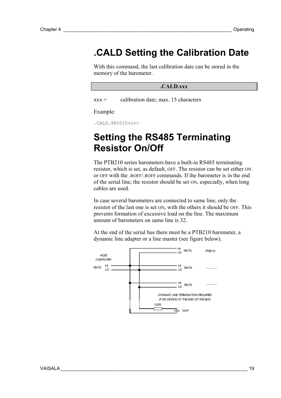 Cald setting the calibration date, Setting the rs485 terminating resistor on/off | Vaisala PTB210 (serial) User Manual | Page 21 / 32