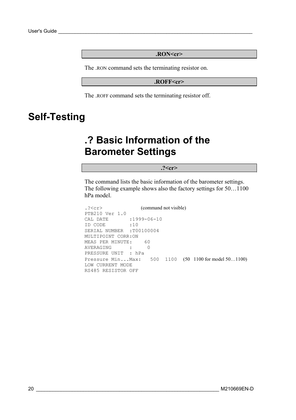 Self-testing, Basic information of the barometer settings | Vaisala PTB210 (serial) User Manual | Page 22 / 32