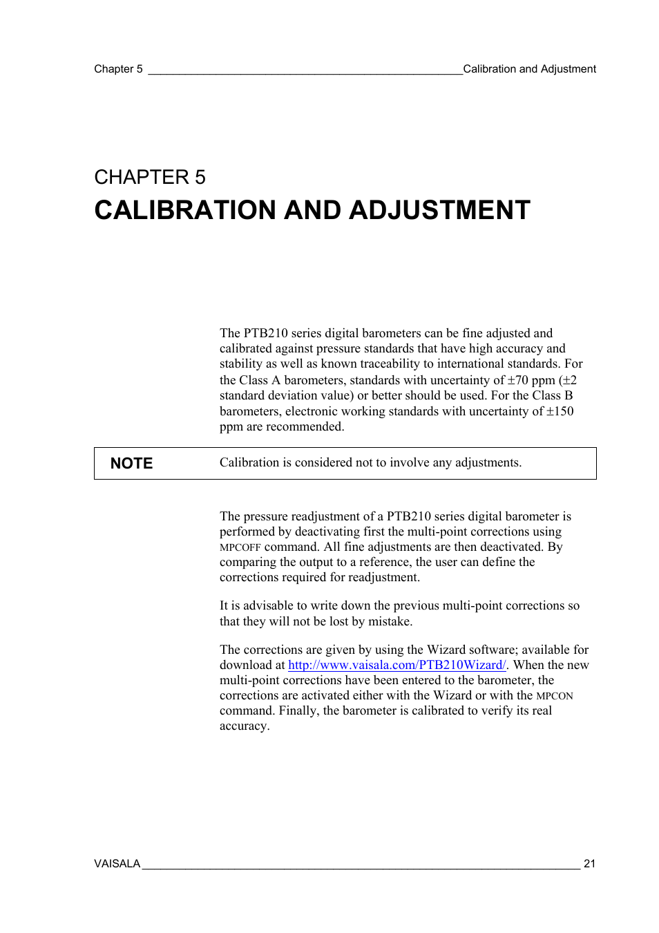 Chapter 5, Calibration and adjustment | Vaisala PTB210 (serial) User Manual | Page 23 / 32