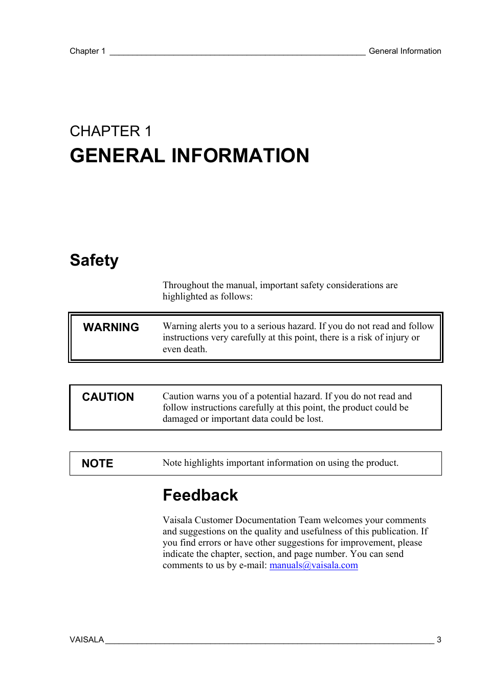 General information, Safety, Feedback | Chapter 1 | Vaisala PTB210 (serial) User Manual | Page 5 / 32