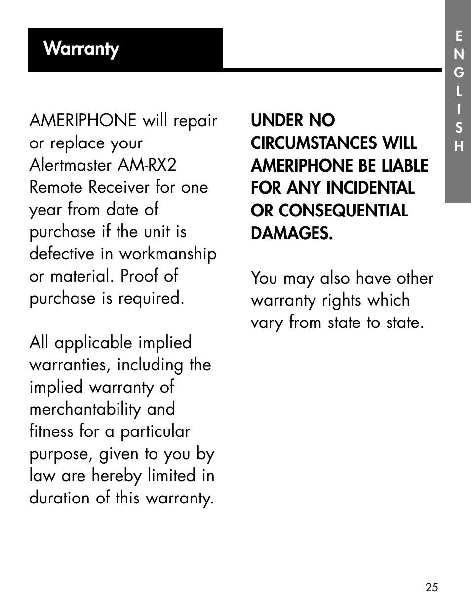 Warranty | Ameriphone ALERTMASTER AM-RX2 User Manual | Page 28 / 83