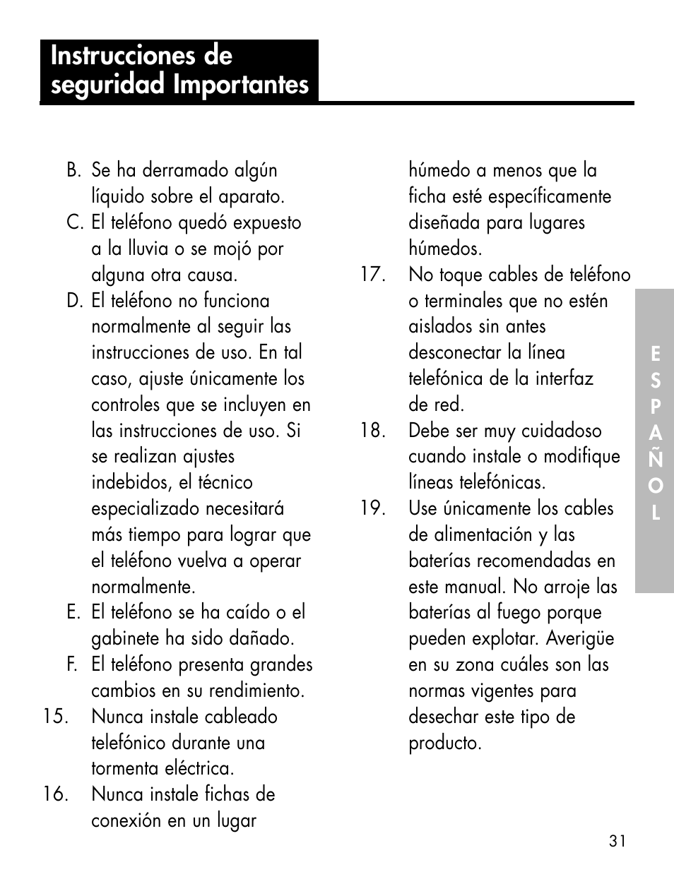 Instrucciones de seguridad importantes | Ameriphone ALERTMASTER AM-RX2 User Manual | Page 34 / 83