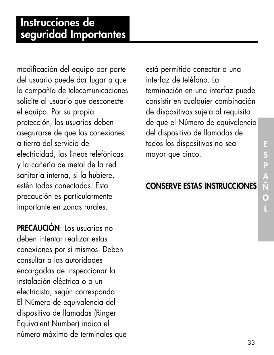Instrucciones de seguridad importantes | Ameriphone ALERTMASTER AM-RX2 User Manual | Page 36 / 83