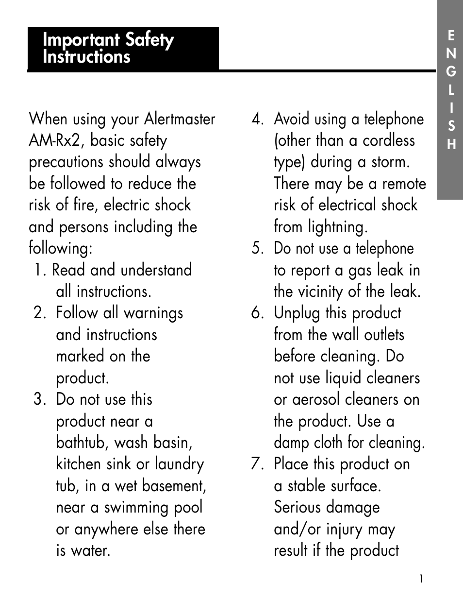 Important safety instructions | Ameriphone ALERTMASTER AM-RX2 User Manual | Page 4 / 83