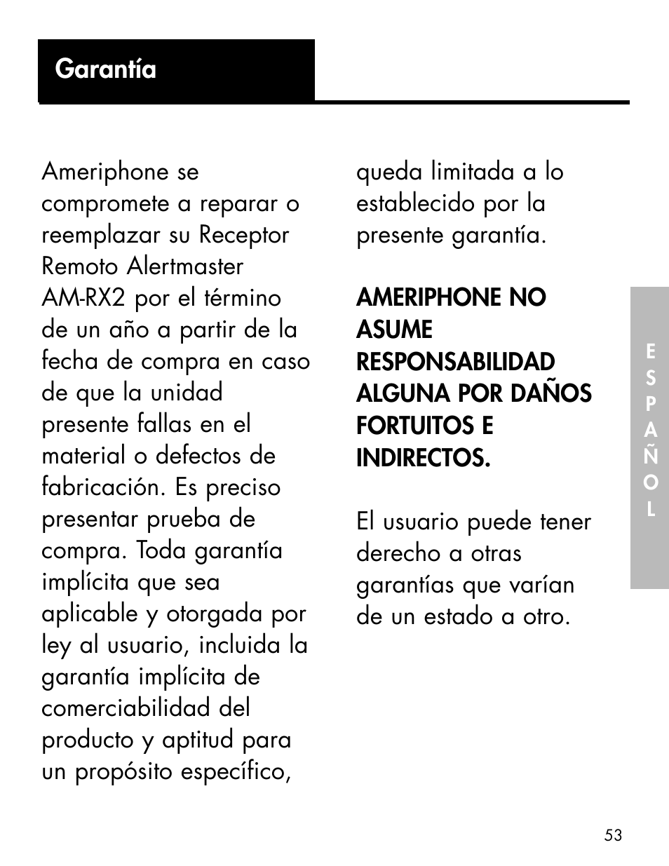 Garantía | Ameriphone ALERTMASTER AM-RX2 User Manual | Page 56 / 83