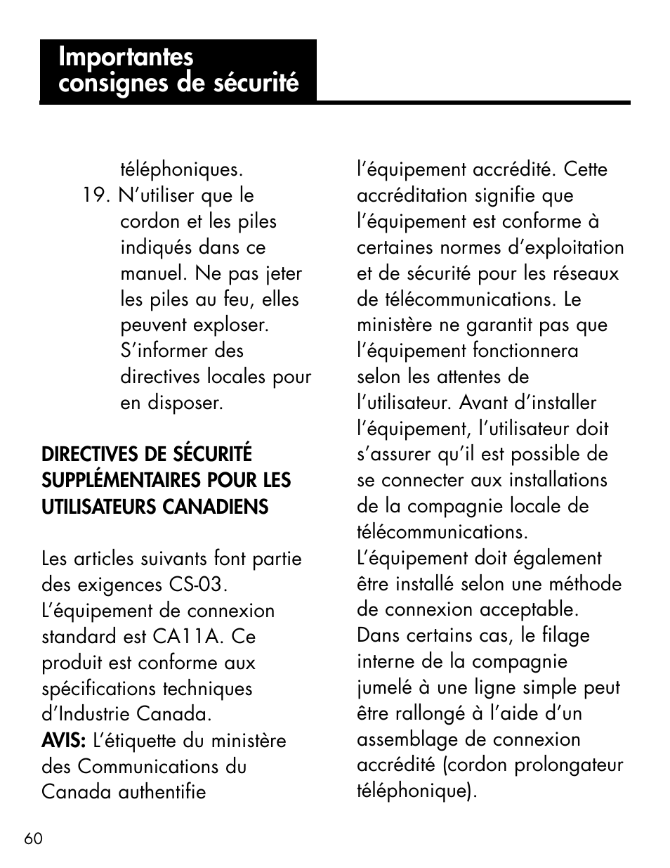 Importantes consignes de sécurité | Ameriphone ALERTMASTER AM-RX2 User Manual | Page 63 / 83