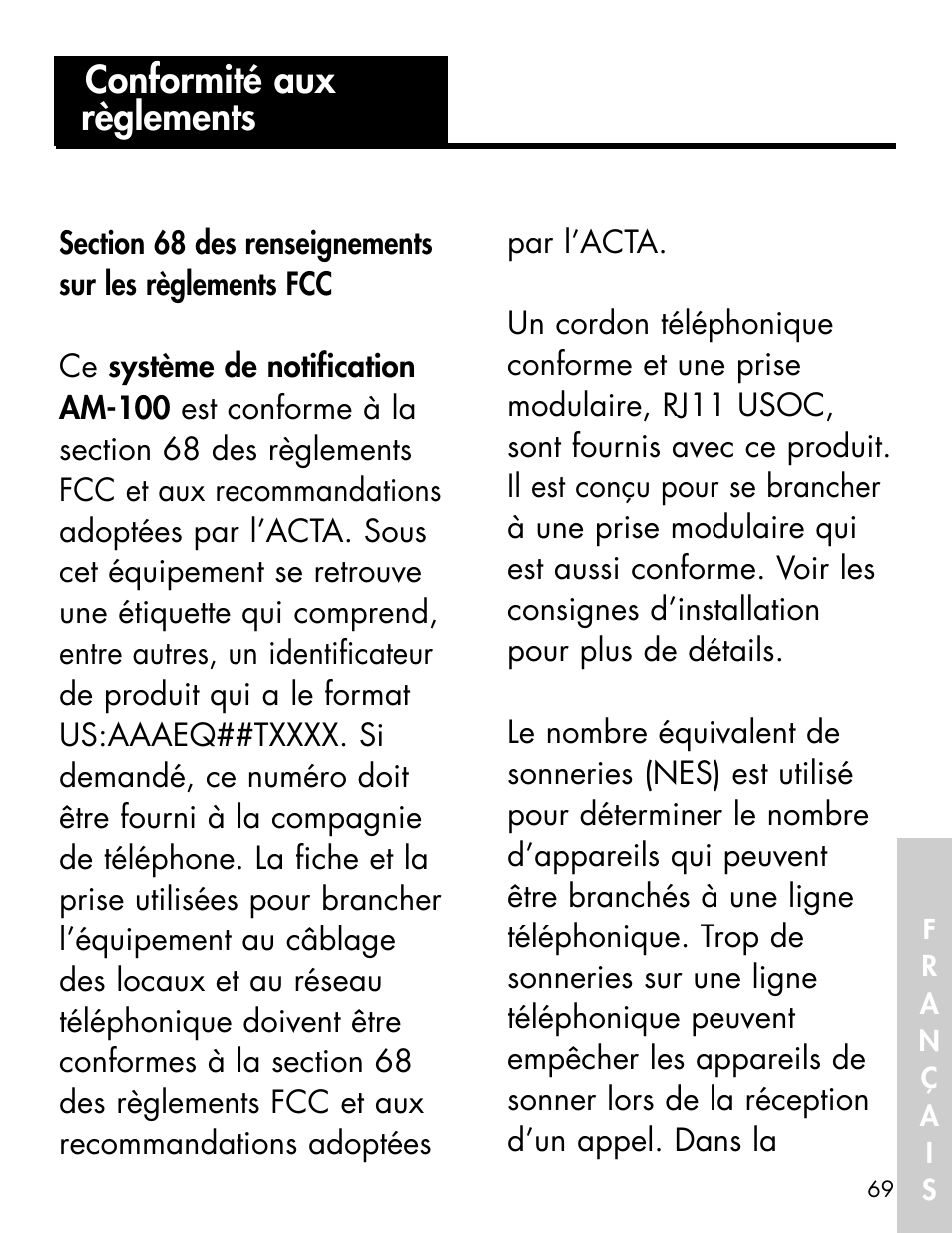 Conformité aux règlements | Ameriphone ALERTMASTER AM-RX2 User Manual | Page 72 / 83
