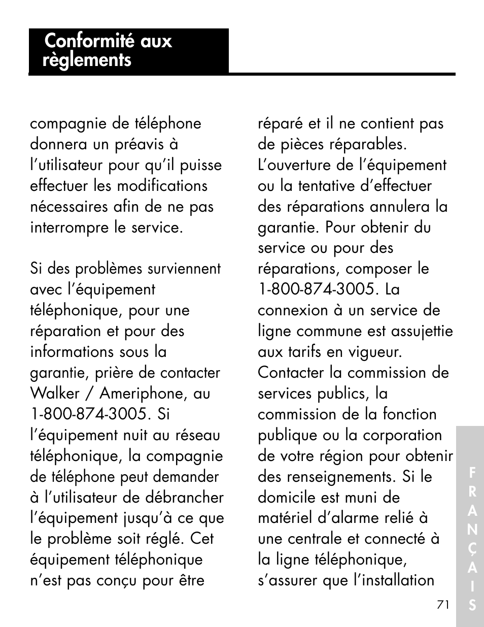 Conformité aux règlements | Ameriphone ALERTMASTER AM-RX2 User Manual | Page 74 / 83