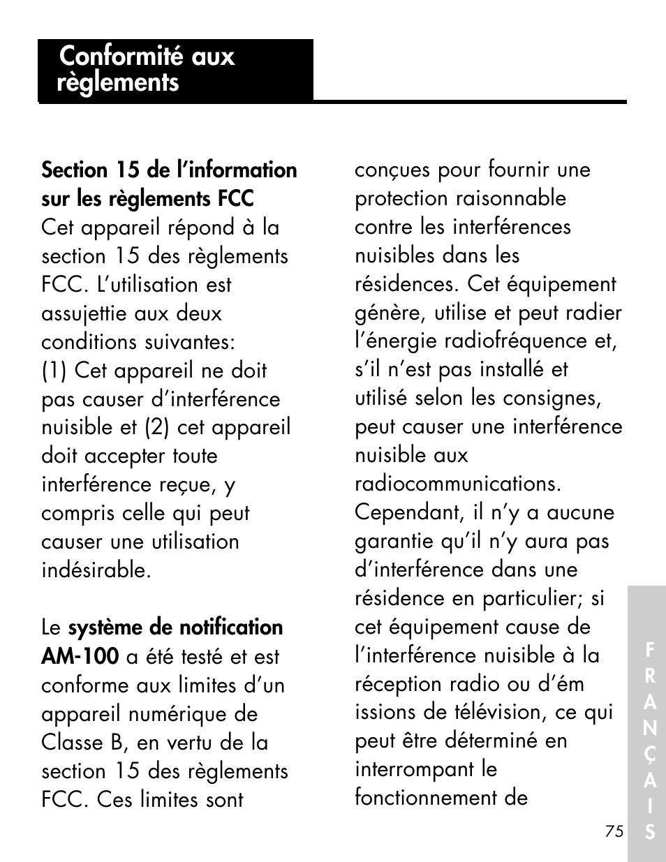 Conformité aux règlements | Ameriphone ALERTMASTER AM-RX2 User Manual | Page 78 / 83