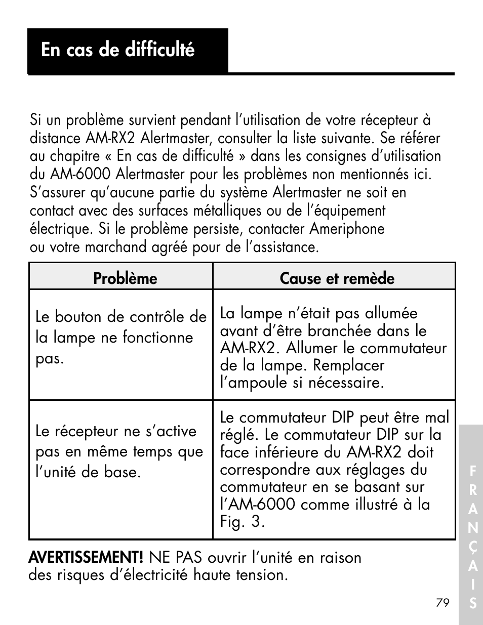 Important safety instructions, En cas de difficulté | Ameriphone ALERTMASTER AM-RX2 User Manual | Page 82 / 83