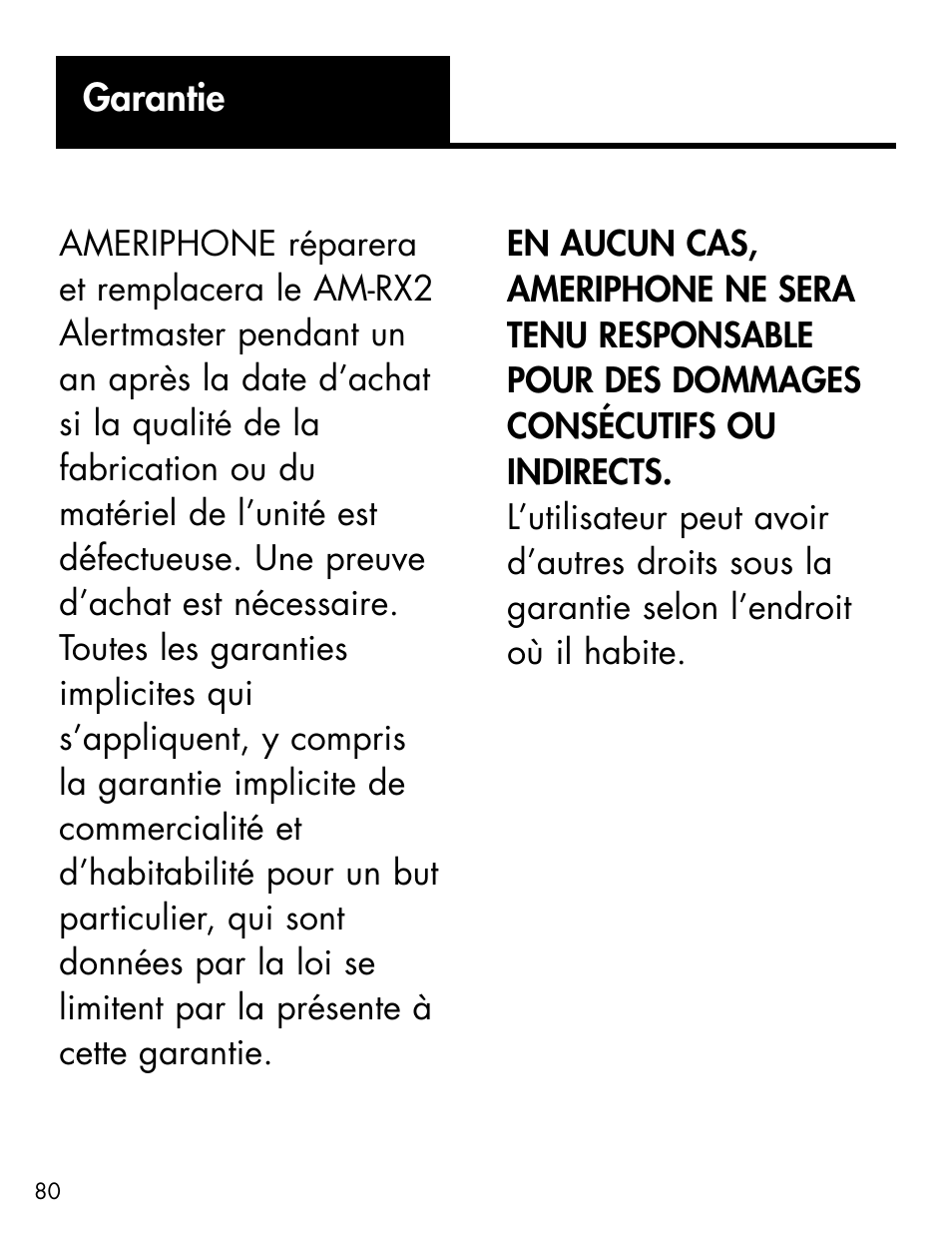 Important safety instructions, Garantie | Ameriphone ALERTMASTER AM-RX2 User Manual | Page 83 / 83