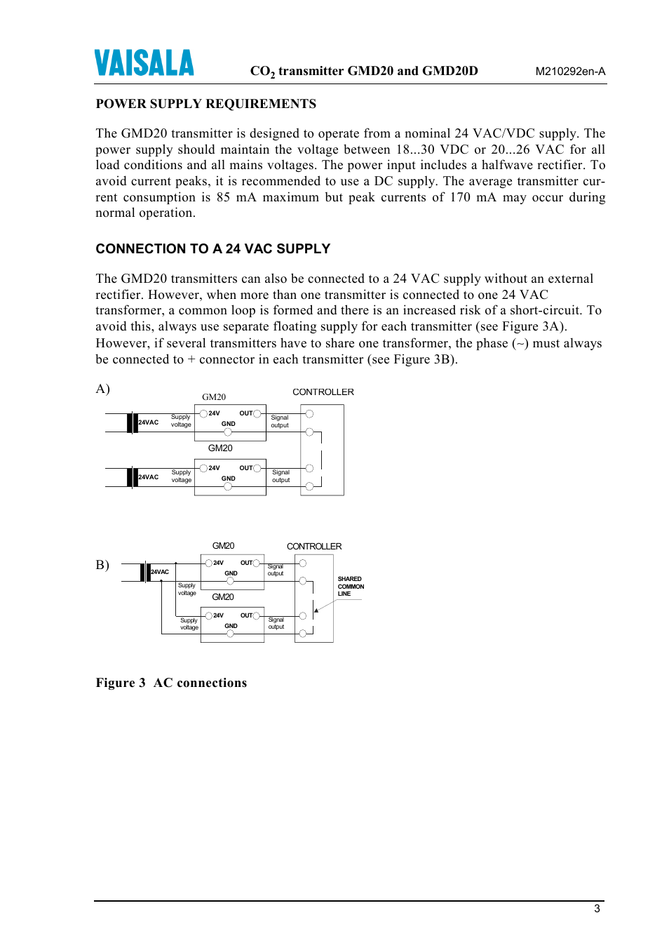 Power supply requirements, Connection to a 24 vac supply, Transmitter gmd20 and gmd20d | Vaisala GMD20 User Manual | Page 3 / 4