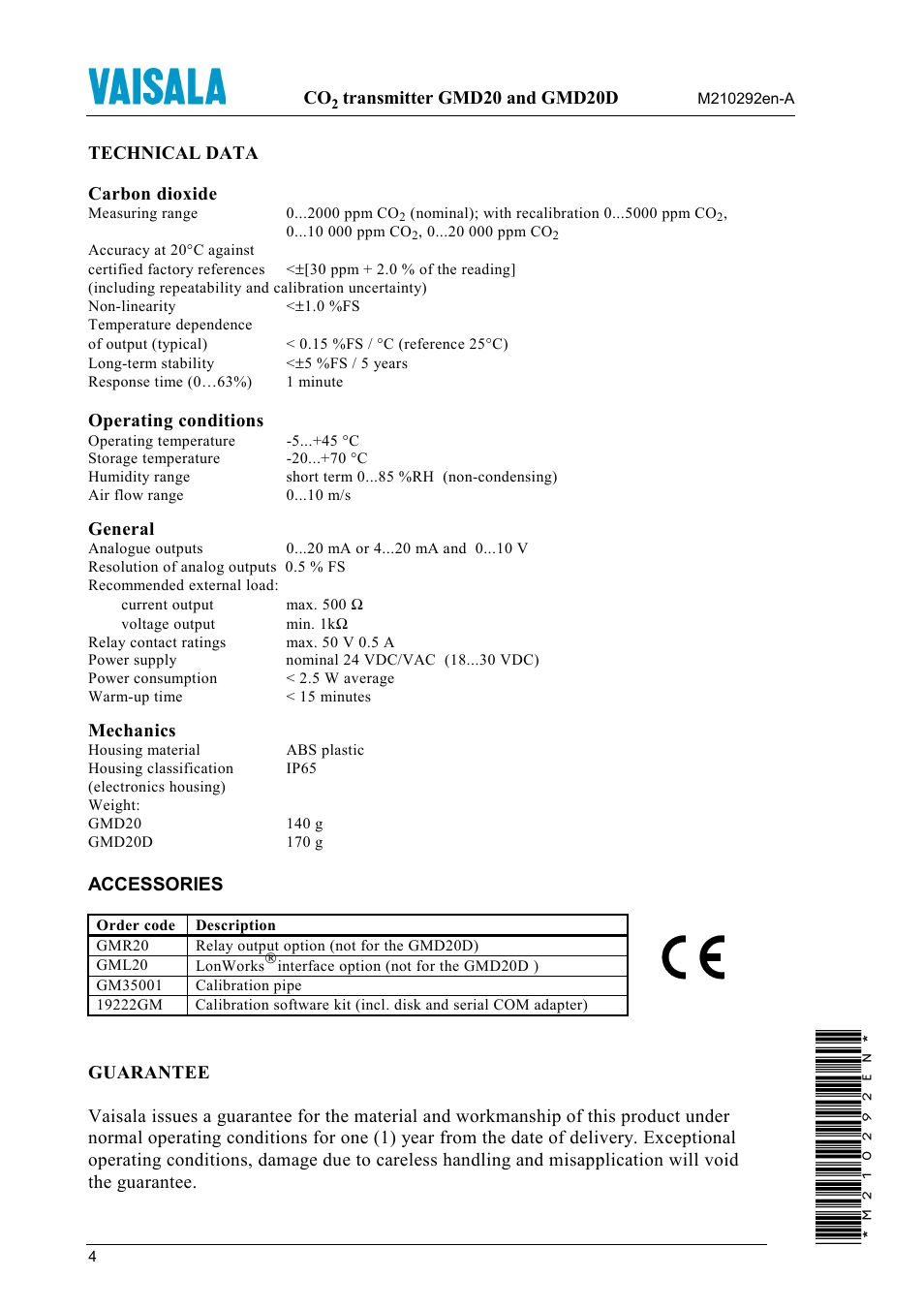 Technical data, Accessories | Vaisala GMD20 User Manual | Page 4 / 4