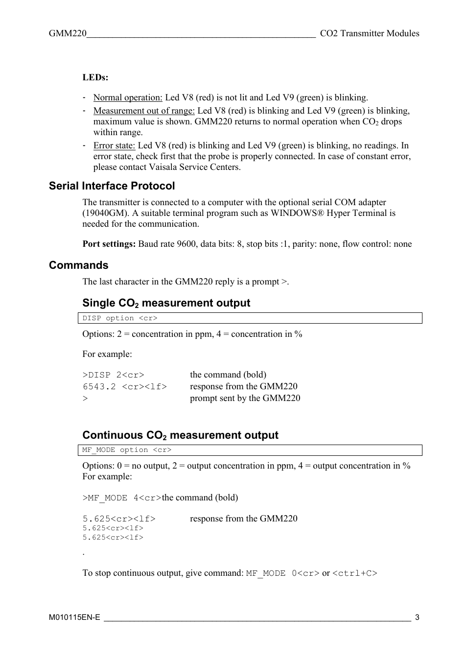 Serial interface protocol, Commands, Single co2 measurement output | Continuous co2 measurement output, Single co, Measurement output, Continuous co | Vaisala GMM220 User Manual | Page 3 / 6