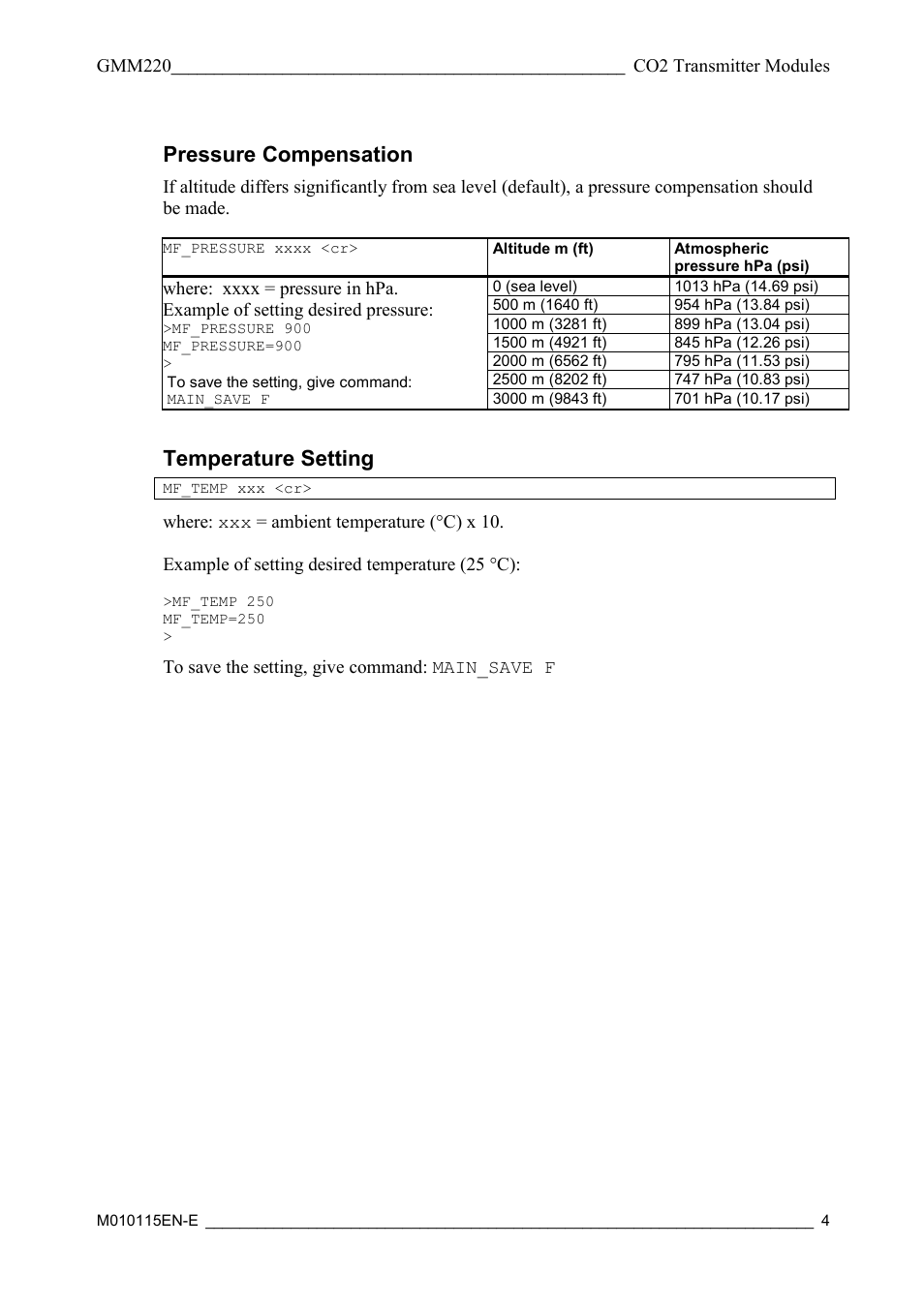 Pressure compensation, Temperature setting | Vaisala GMM220 User Manual | Page 4 / 6