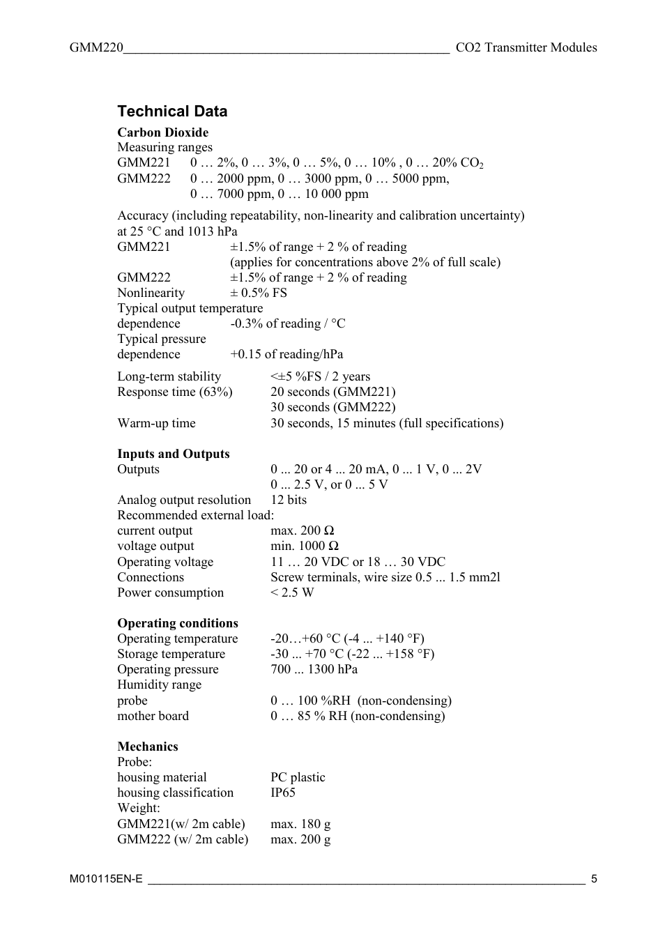 Technical data | Vaisala GMM220 User Manual | Page 5 / 6