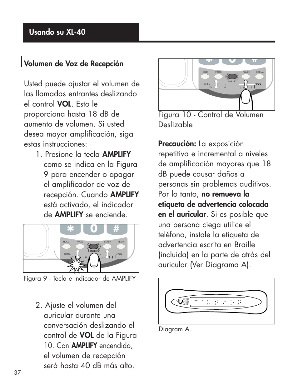 Figura 10 - control de volumen deslizable, Diagram a, Figura 9 - tecla e indicador de amplify | Ameriphone AMPLIFIED TELEPHONE User Manual | Page 43 / 88