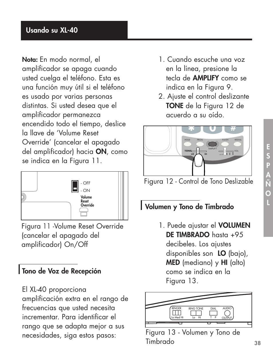 Usando su xl-40, Figura 12 - control de tono deslizable, Figura 13 - volumen y tono de timbrado | Nota | Ameriphone AMPLIFIED TELEPHONE User Manual | Page 44 / 88