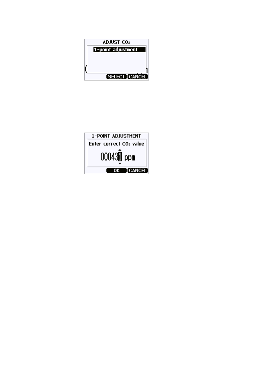 Figure 29, Selecting the adjustment mode, Figure 30 | Entering the reference co, Concentration | Vaisala GMP231 User Manual | Page 84 / 90
