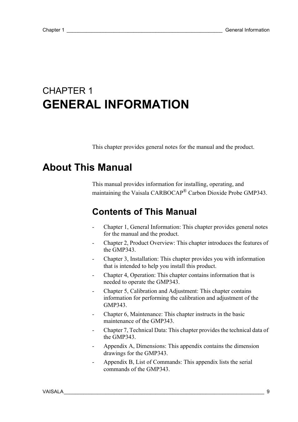 Chapter 1 general information, About this manual, Contents of this manual | Chapter 1, General information | Vaisala GMP343 User Manual | Page 11 / 94