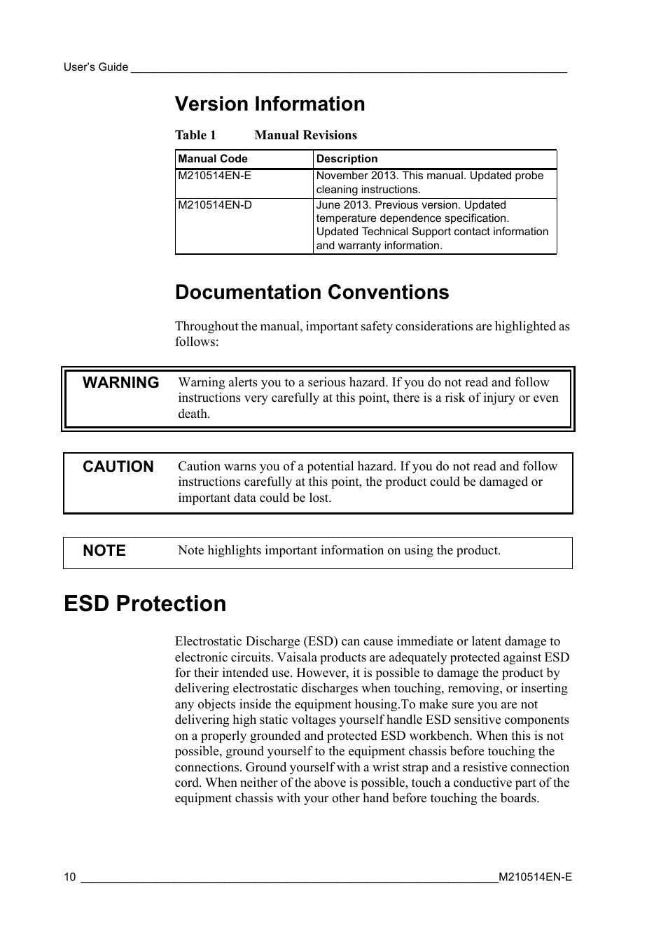 Version information, Documentation conventions, Esd protection | Version information documentation conventions, Table 1, Manual revisions | Vaisala GMP343 User Manual | Page 12 / 94