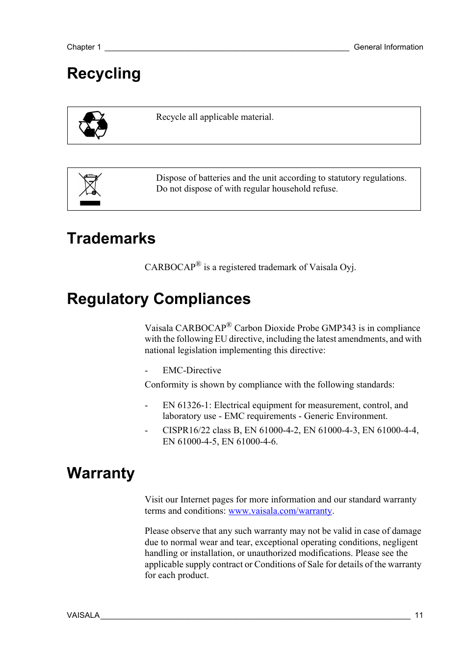Recycling, Trademarks, Regulatory compliances | Warranty, Recycling trademarks | Vaisala GMP343 User Manual | Page 13 / 94