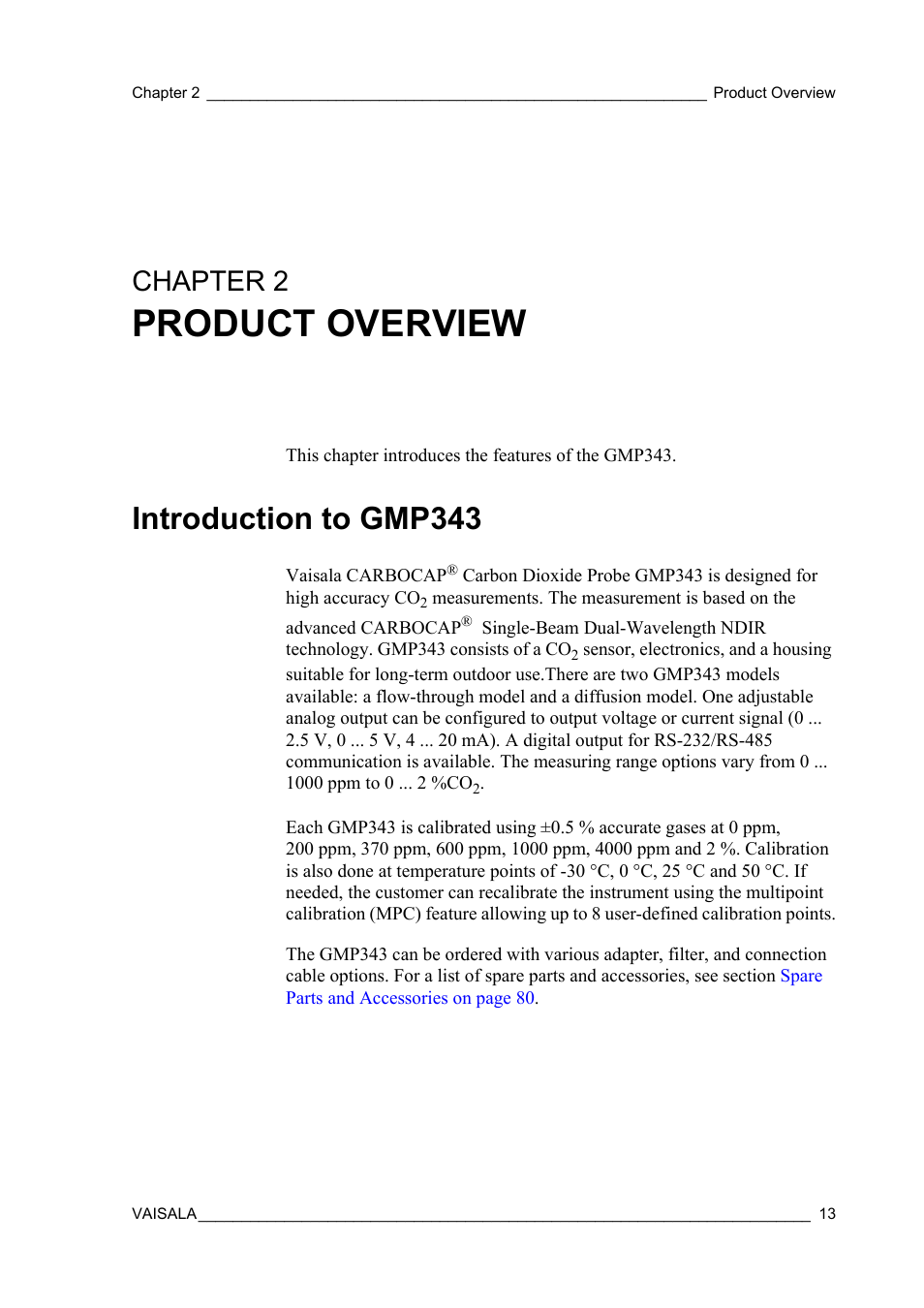 Chapter 2 product overview, Introduction to gmp343, Chapter 2 | Chapter 2, product overview: this chapter intr, Product overview | Vaisala GMP343 User Manual | Page 15 / 94