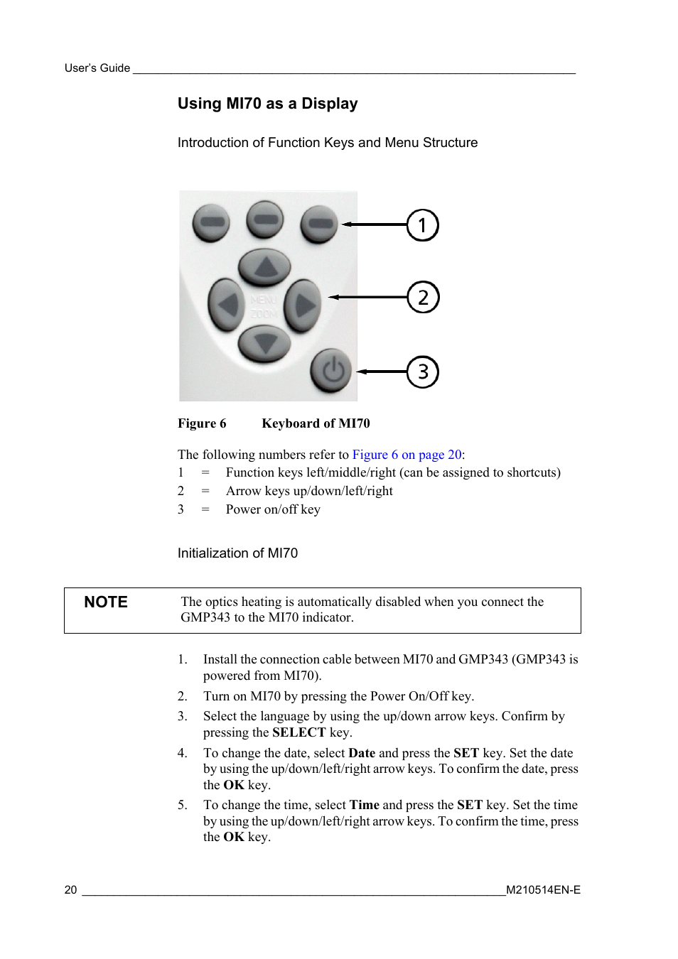 Using mi70 as a display, Introduction of function keys and menu structure, Initialization of mi70 | Figure 6, Keyboard of mi70 | Vaisala GMP343 User Manual | Page 22 / 94