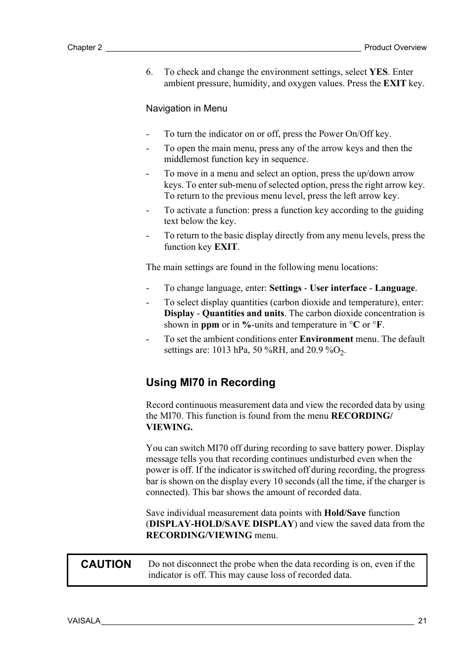 Navigation in menu, Using mi70 in recording | Vaisala GMP343 User Manual | Page 23 / 94